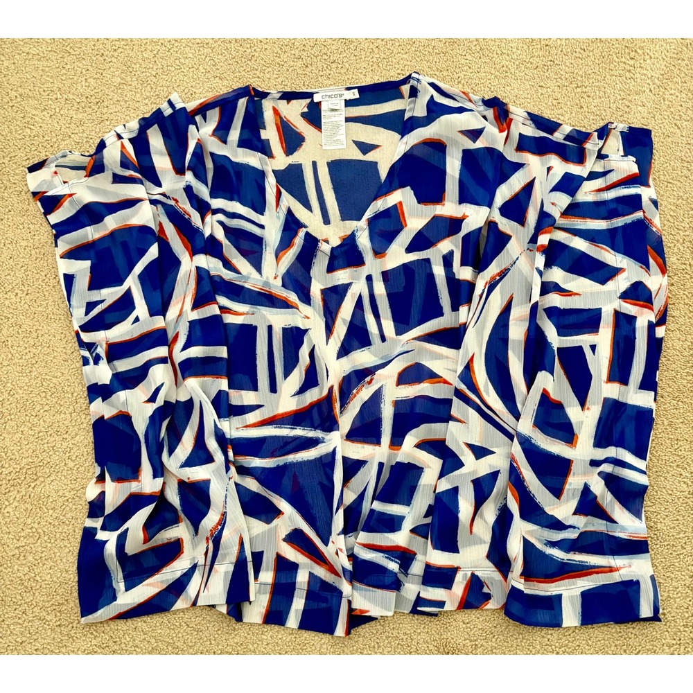 Chico's Women Poncho‎ S/M Blue White Abstract Geometric Sheer V-Neck Short Slv